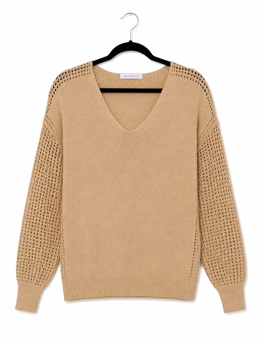 Miss Sparkling Tan V-Neck Openwork Sleeve Sweater
